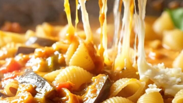 A skillet of roasted eggplant and tomato shell pasta with melted mozzarella and fresh basil