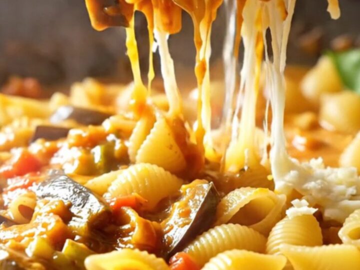 A skillet of roasted eggplant and tomato shell pasta with melted mozzarella and fresh basil