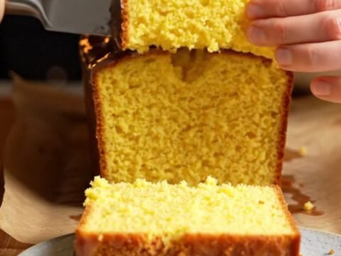 Whole lemon cake with white glaze on a serving plate, sliced to show moist yellow crumb