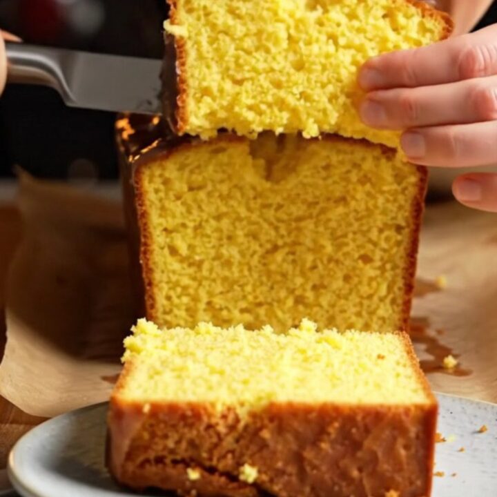 Whole lemon cake with white glaze on a serving plate, sliced to show moist yellow crumb