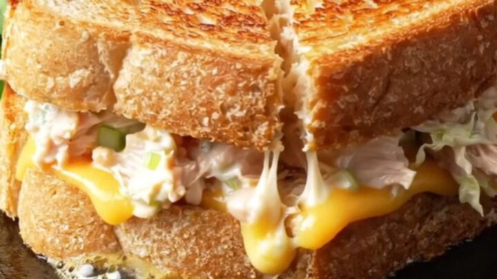 Creamy chicken melt on sourdough, sliced diagonally with melted cheese pulling apart.