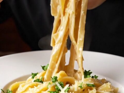 A fork twirling fettuccine Alfredo with creamy garlic parmesan sauce