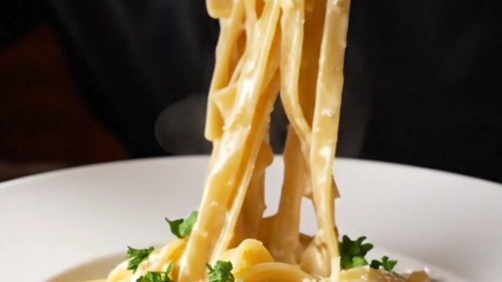A fork twirling fettuccine Alfredo with creamy garlic parmesan sauce