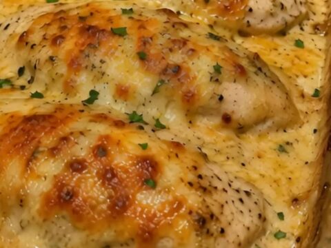 Four golden, cheesy baked chicken breasts in a glass dish on a granite surface.