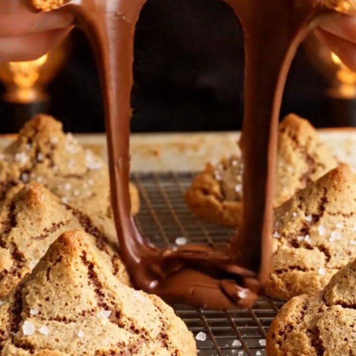 Giant thick cookie broken open showing gooey molten chocolate