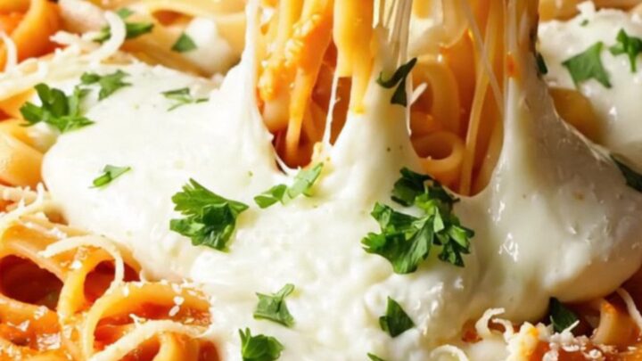 Golden tagliatelle with melted mozzarella and parsley in a skillet