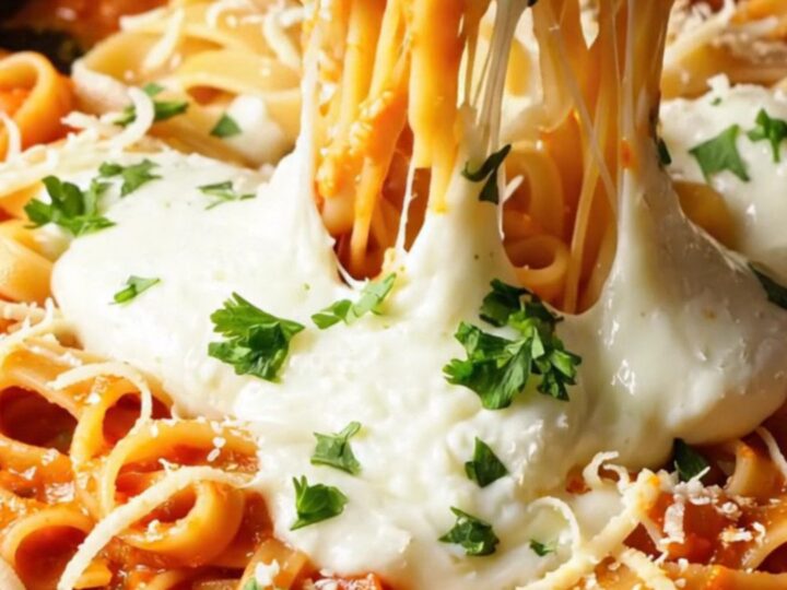 Golden tagliatelle with melted mozzarella and parsley in a skillet