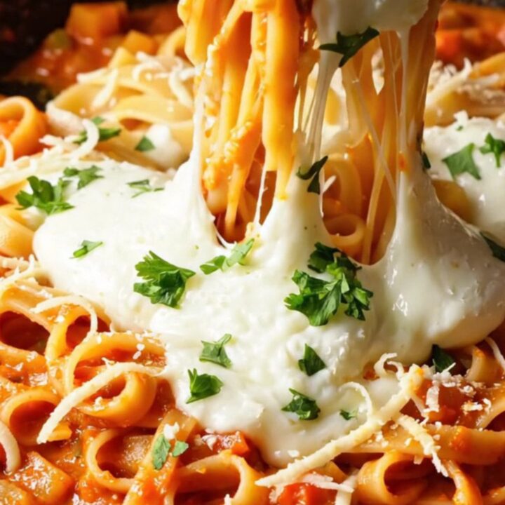 Golden tagliatelle with melted mozzarella and parsley in a skillet