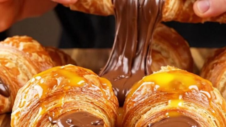 Golden two-tone swirl poğaça rolls on a baking sheet, showing zebra stripes and molten chocolate center