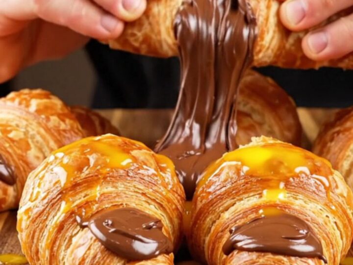 Golden two-tone swirl poğaça rolls on a baking sheet, showing zebra stripes and molten chocolate center