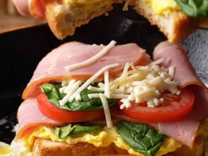 Ultimate one-pan breakfast sandwich sliced in half, showing melted cheese pull and fluffy eggs.