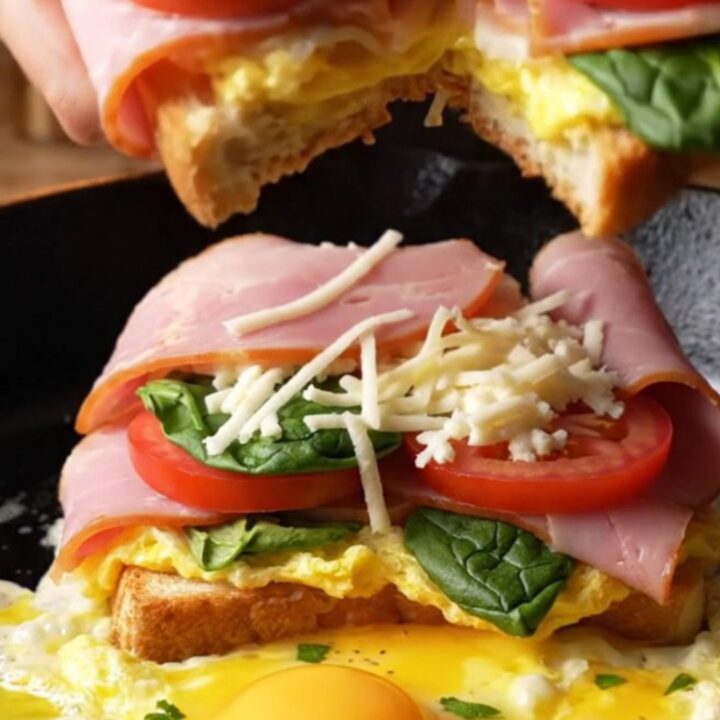 Ultimate one-pan breakfast sandwich sliced in half, showing melted cheese pull and fluffy eggs.