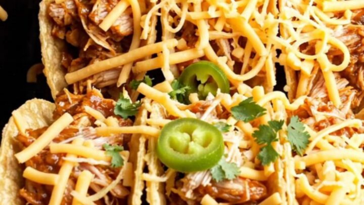 Crispy taco shells filled with shredded chicken and topped with melted cheese, garnished with sour cream, jalapeños