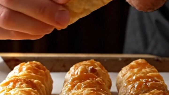Golden crispy puff pastry rolls dusted with powdered sugar on a parchment-lined baking sheet