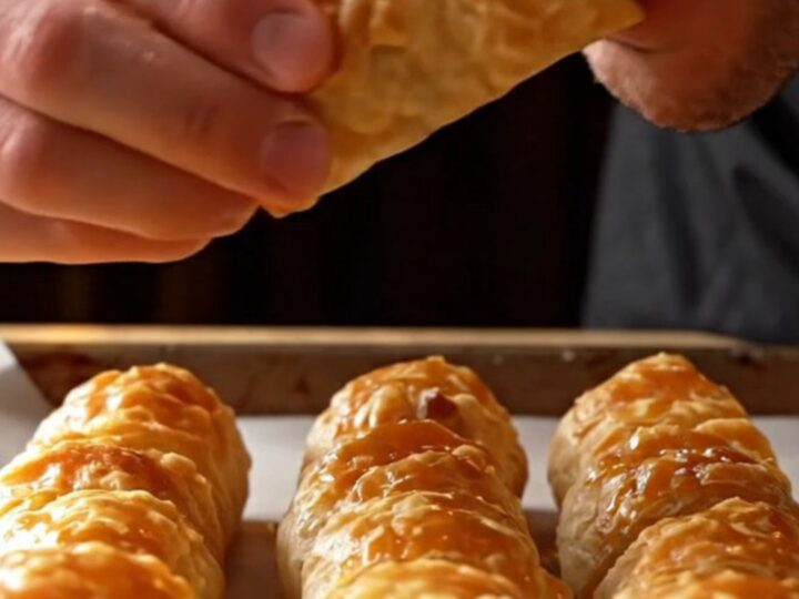Golden crispy puff pastry rolls dusted with powdered sugar on a parchment-lined baking sheet