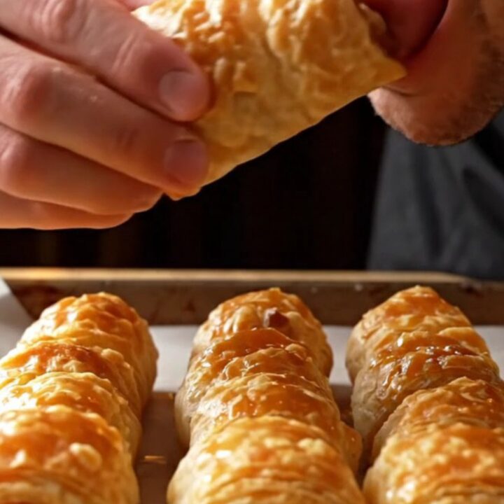 Golden crispy puff pastry rolls dusted with powdered sugar on a parchment-lined baking sheet