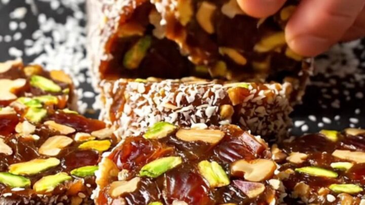 Thick Mosaic Rounds: golden date and nut slices with pistachios and walnuts, coated in coconut.