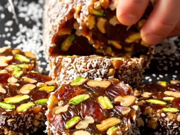 Thick Mosaic Rounds: golden date and nut slices with pistachios and walnuts, coated in coconut.