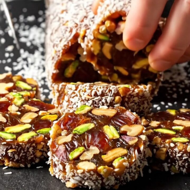 Thick Mosaic Rounds: golden date and nut slices with pistachios and walnuts, coated in coconut.