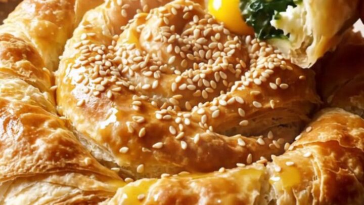 Golden rose börek on a baking sheet, flaky layers visible