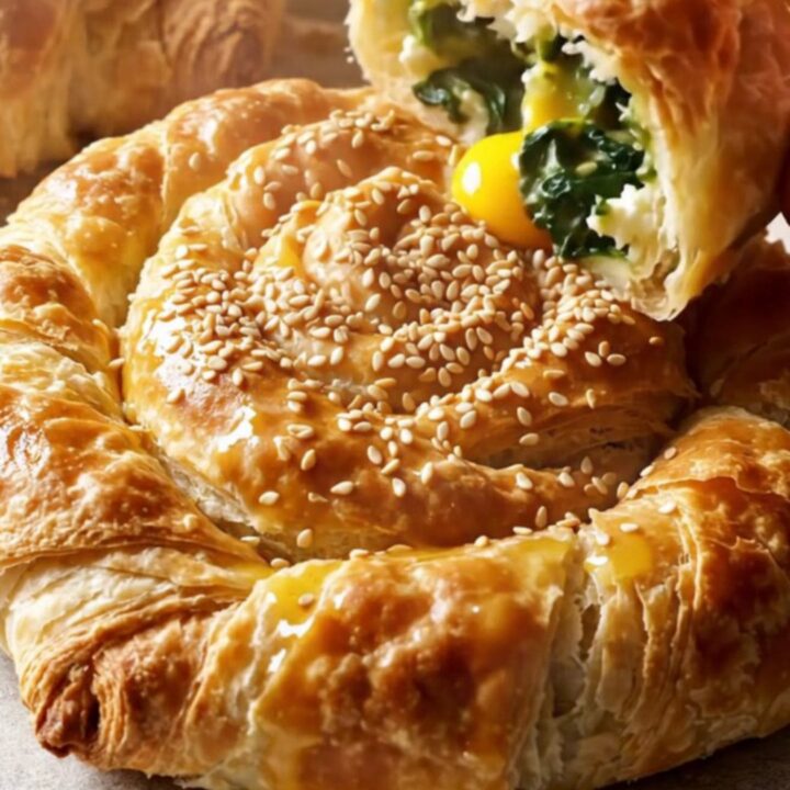 Golden rose börek on a baking sheet, flaky layers visible