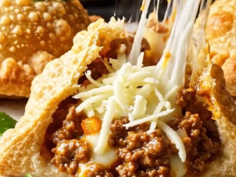 Golden crispy beef pockets on a baking sheet with melted cheese visible