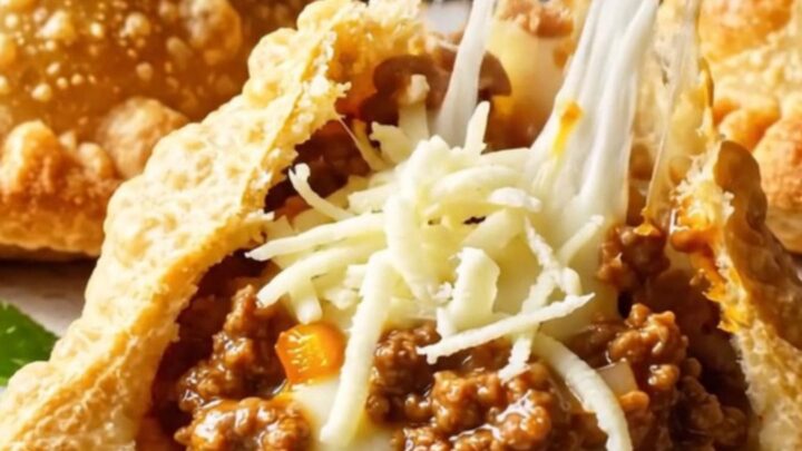 Golden crispy beef pockets on a baking sheet with melted cheese visible