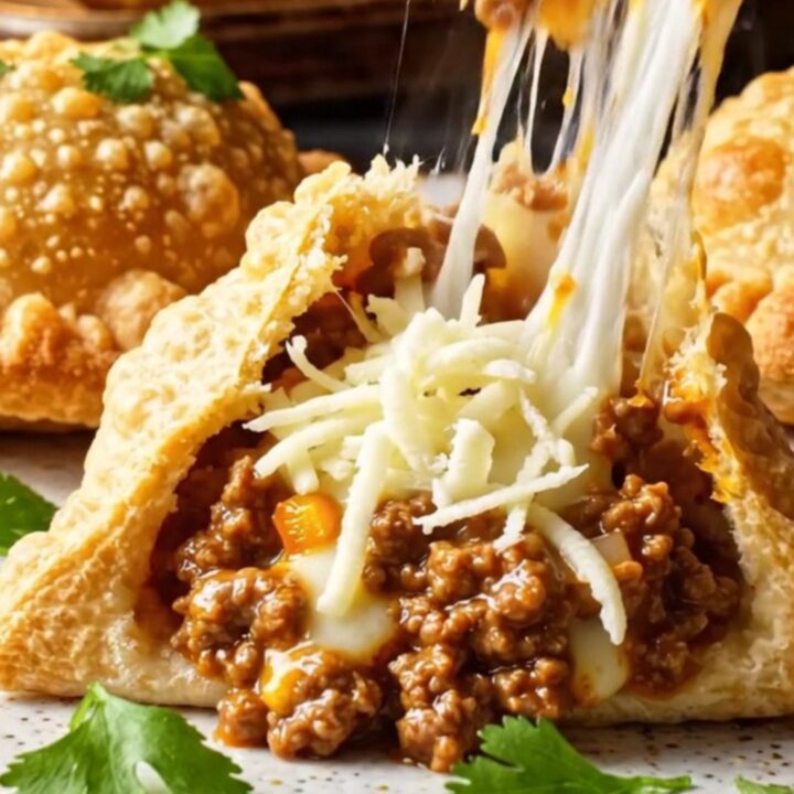 Golden crispy beef pockets on a baking sheet with melted cheese visible
