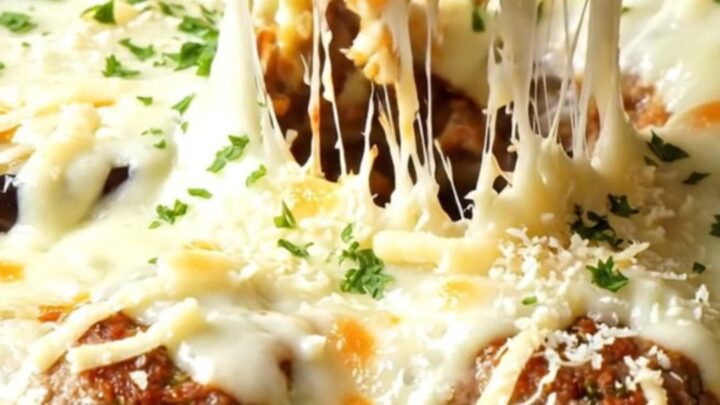 Golden eggplant and meatball skillet with melted cheese pulling in a long strand