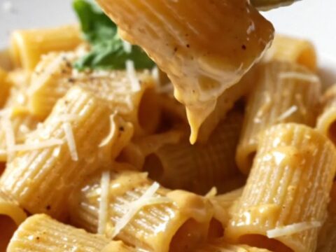 Creamy Tuscan Chicken Rigatoni in a skillet, garnished with fresh basil and cracked black pepper.