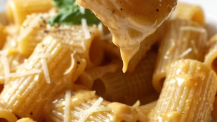Creamy Tuscan Chicken Rigatoni in a skillet, garnished with fresh basil and cracked black pepper.