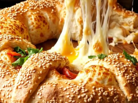 Golden Turkish Crown Pizza Ring on a wooden board, sesame seeds on crust, cheese bubbling between folds