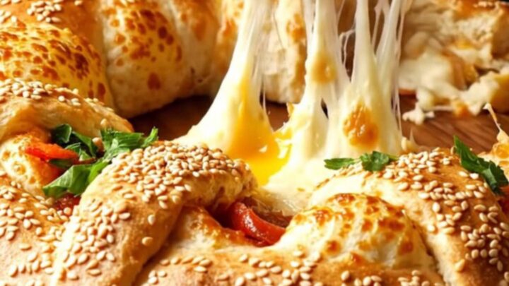 Golden Turkish Crown Pizza Ring on a wooden board, sesame seeds on crust, cheese bubbling between folds