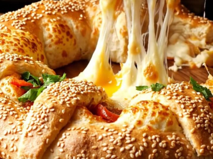 Golden Turkish Crown Pizza Ring on a wooden board, sesame seeds on crust, cheese bubbling between folds