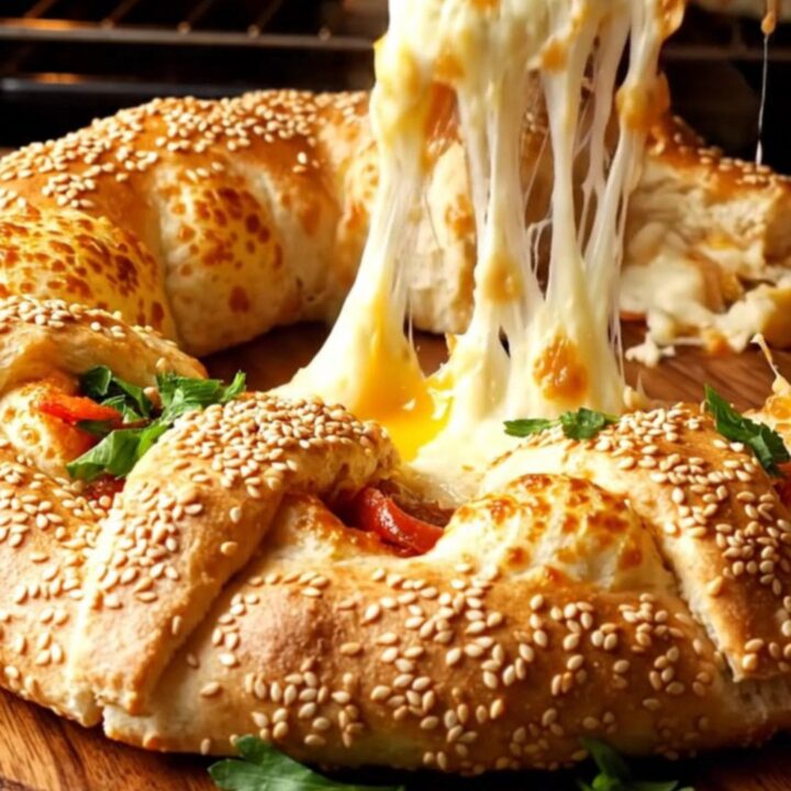 Golden Turkish Crown Pizza Ring on a wooden board, sesame seeds on crust, cheese bubbling between folds