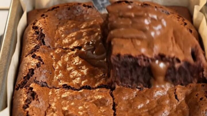 Crinkle top fudgy brownies with a shiny cracked crust and dense chocolate interior
