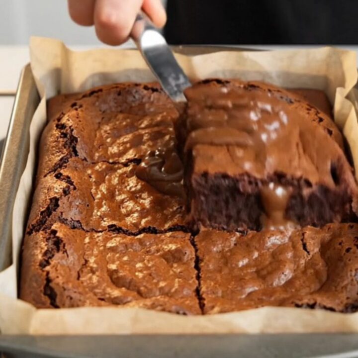 Crinkle top fudgy brownies with a shiny cracked crust and dense chocolate interior