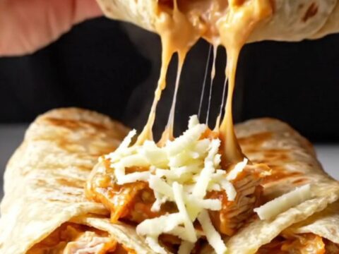 Crispy golden chicken Alfredo wraps sliced in half, showing creamy filling and melted cheese