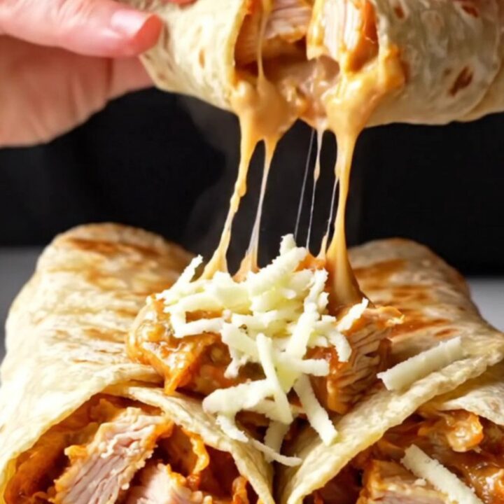 Crispy golden chicken Alfredo wraps sliced in half, showing creamy filling and melted cheese