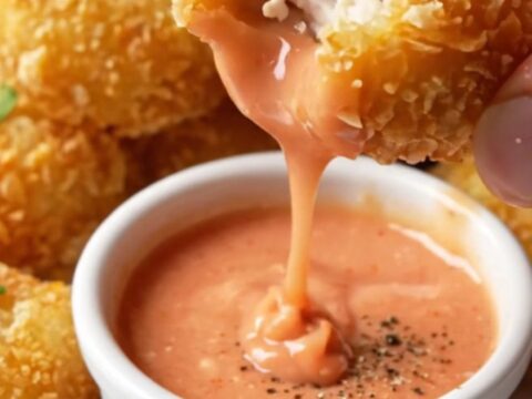 Golden crispy chicken nuggets piled on a plate with a small bowl of pink-orange Cane sauce for dipping.