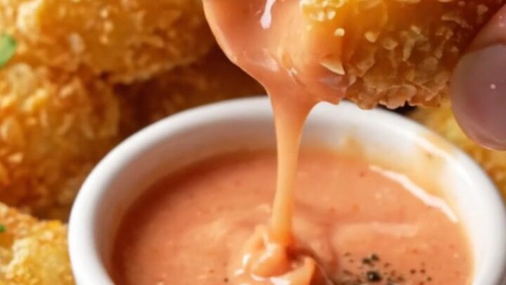 Golden crispy chicken nuggets piled on a plate with a small bowl of pink-orange Cane sauce for dipping.