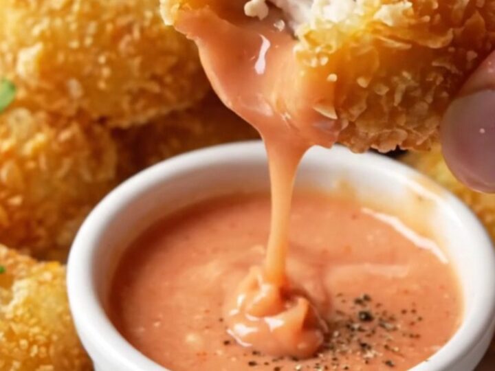 Golden crispy chicken nuggets piled on a plate with a small bowl of pink-orange Cane sauce for dipping.