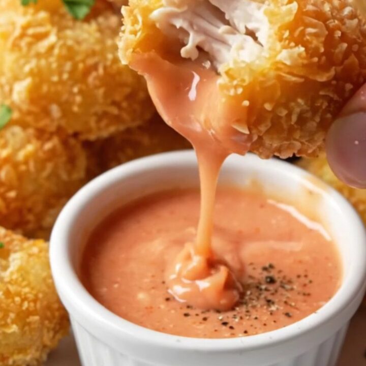 Golden crispy chicken nuggets piled on a plate with a small bowl of pink-orange Cane sauce for dipping.