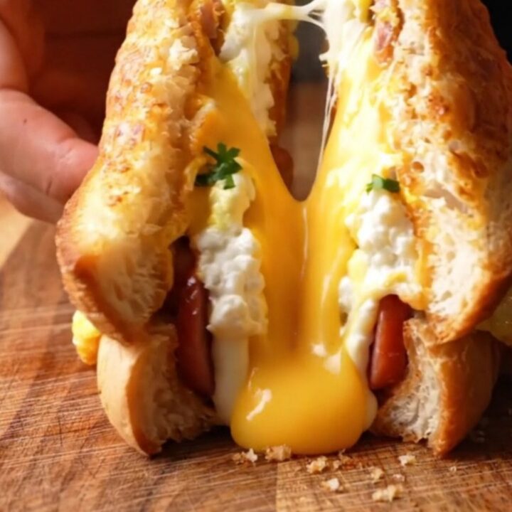Golden one-pan egg toast sandwich with melted cheese pull, sliced diagonally on a cutting board.