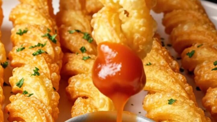 Twisted crispy potato churro fries with sweet chili sauce, golden and crunchy