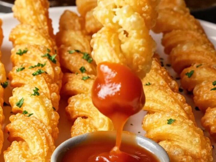 Twisted crispy potato churro fries with sweet chili sauce, golden and crunchy