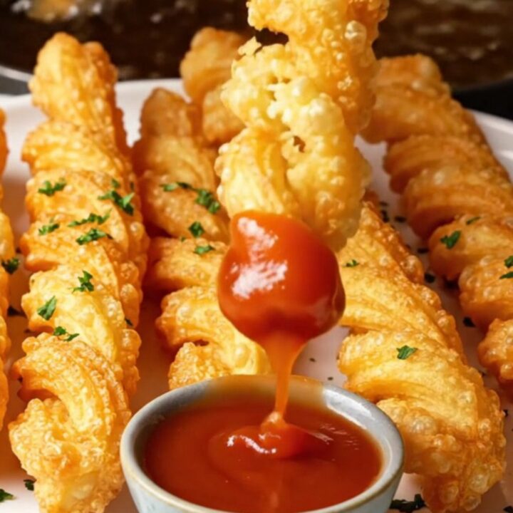 Twisted crispy potato churro fries with sweet chili sauce, golden and crunchy
