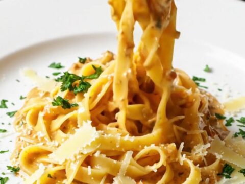 Twirled tagliatelle with creamy vegetable sauce and Parmesan