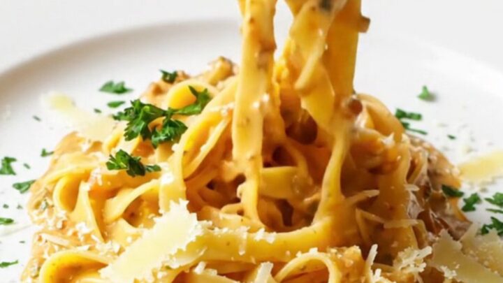 Twirled tagliatelle with creamy vegetable sauce and Parmesan