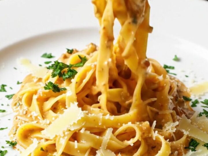 Twirled tagliatelle with creamy vegetable sauce and Parmesan